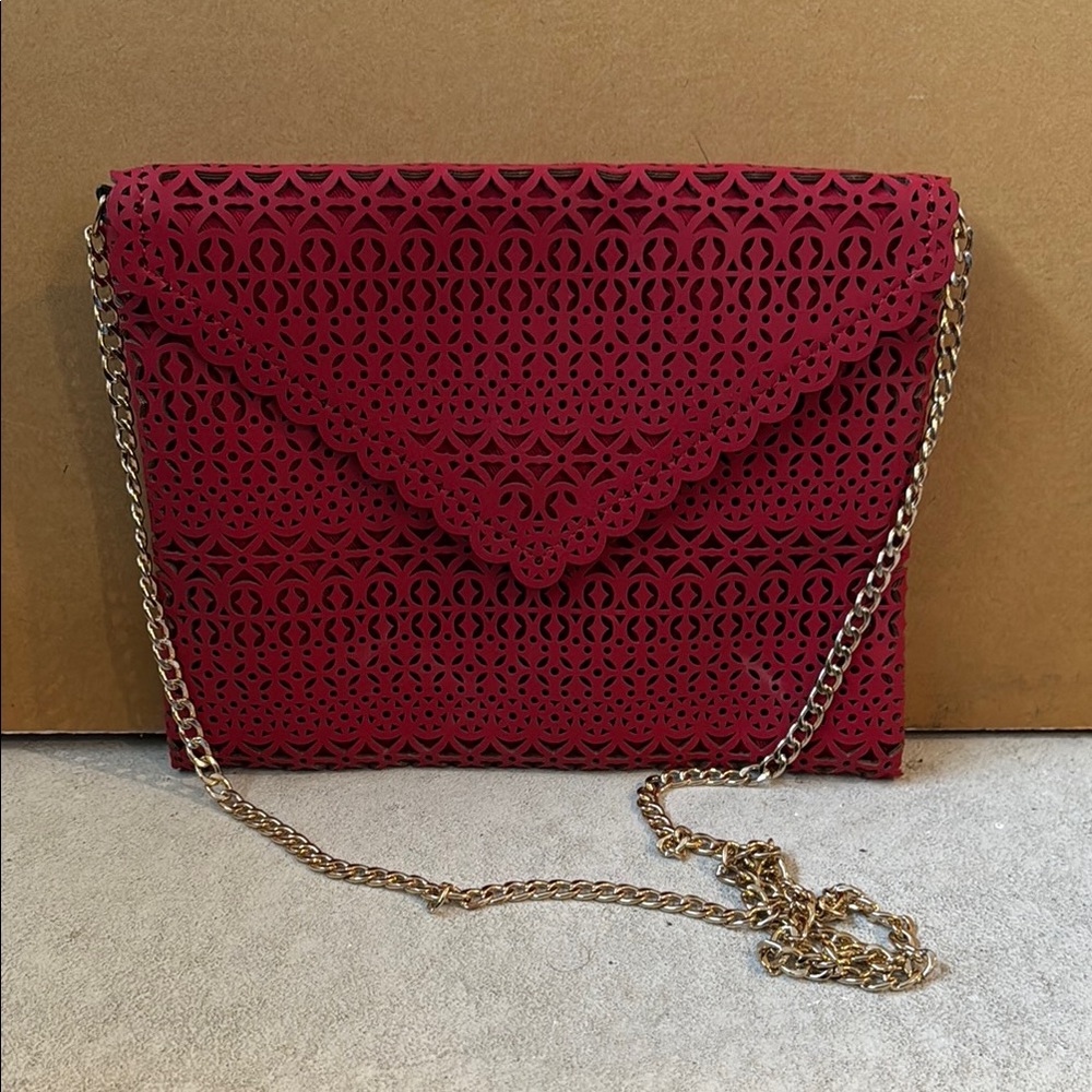 Aldo Red and Gold Crochet Clutch with Chain
